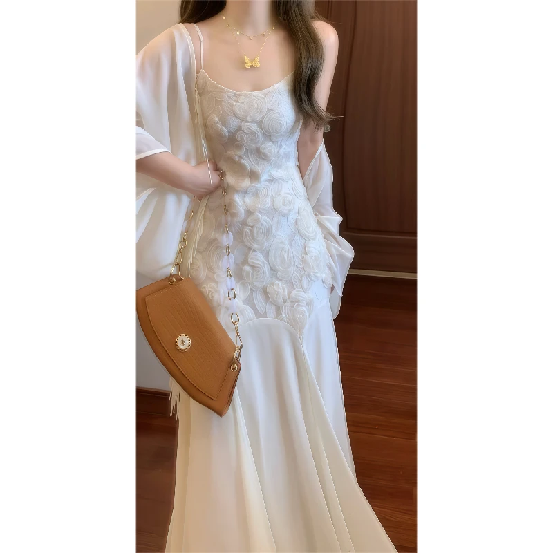 新中式国风立体玫瑰盘绣吊带连衣裙鱼尾长裙&流苏轻奢性感调衫