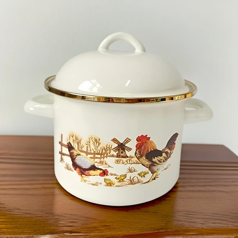 16cm双耳锅大公鸡 高颜值珐琅搪瓷汤锅双耳炖锅带盖小清新汤锅