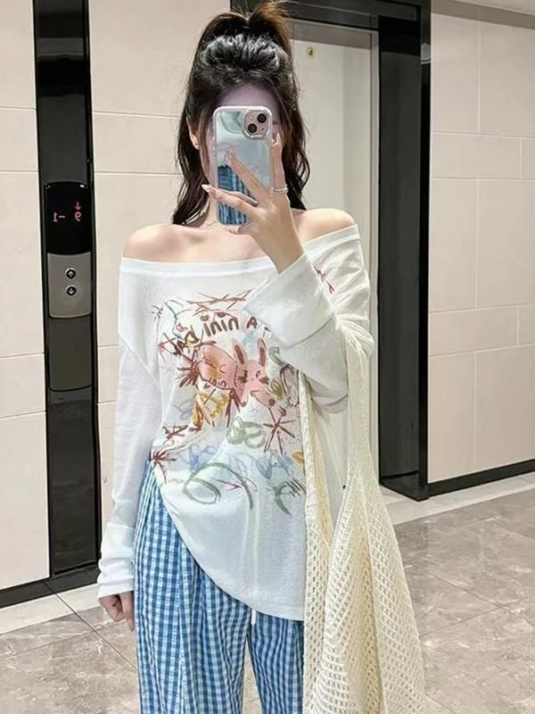 涂鸦印花防晒韩系趣味T恤女2025夏季薄款百搭宽松显瘦罩衫上衣