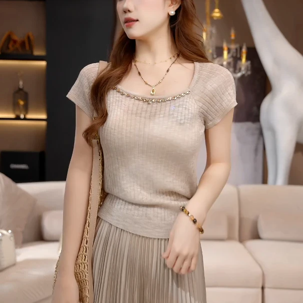 2025轻熟风百搭夏季新款气质方领系带串钻减龄温柔短袖针织上衣女