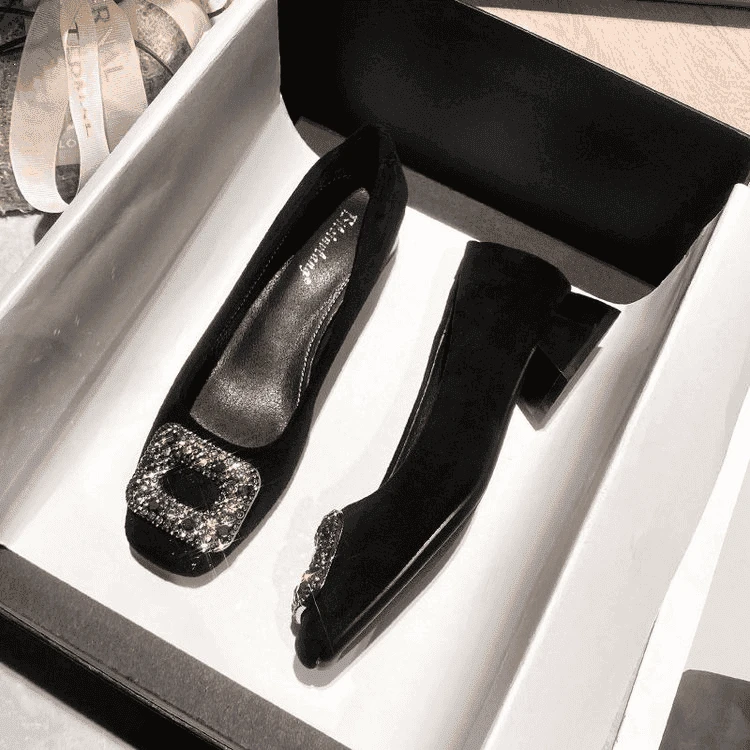 2025春秋新款法式绒面方头浅口单鞋女中跟小码布面一脚蹬