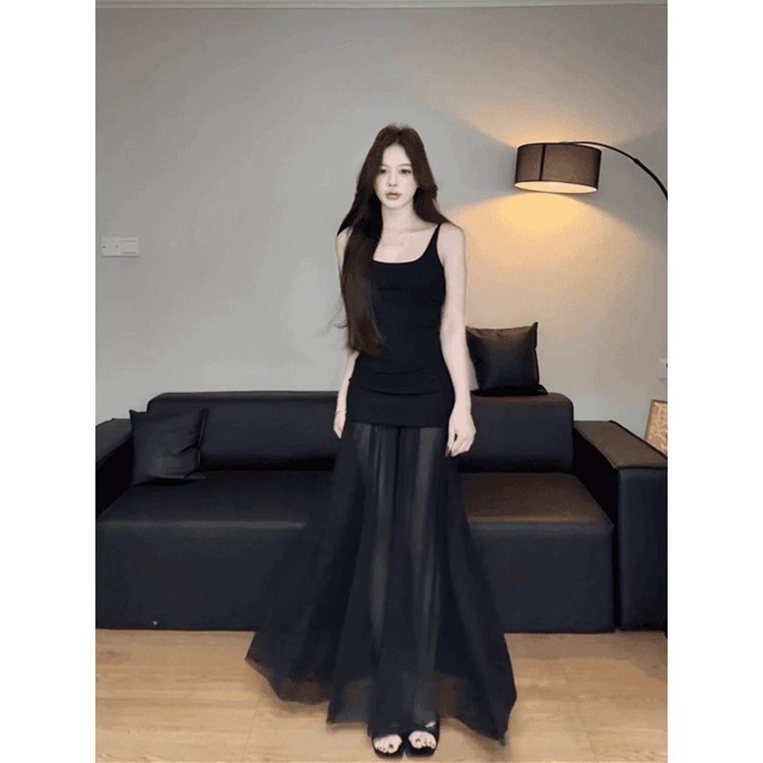 清冷艺术系网纱拼接针织吊带裙女纯欲U领弹力露肩女大学生睡衣