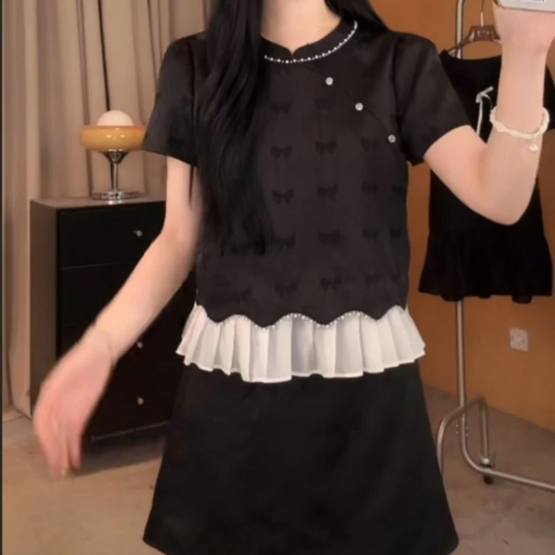 大码爆款夏季新款时尚套装女高级感气质名媛小香风拼接短袖两件套