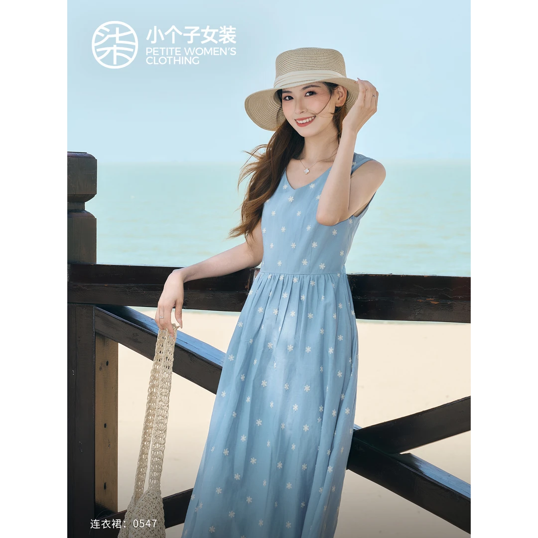 【柒量一裁】0547小个子清新蓝白波点背心连衣裙蕾丝下摆气质长裙子