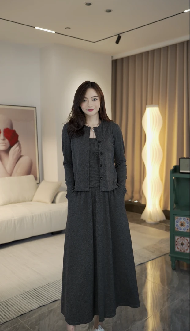 早春穿搭韩系气质时尚高级感针织开衫吊带半裙三件套-1