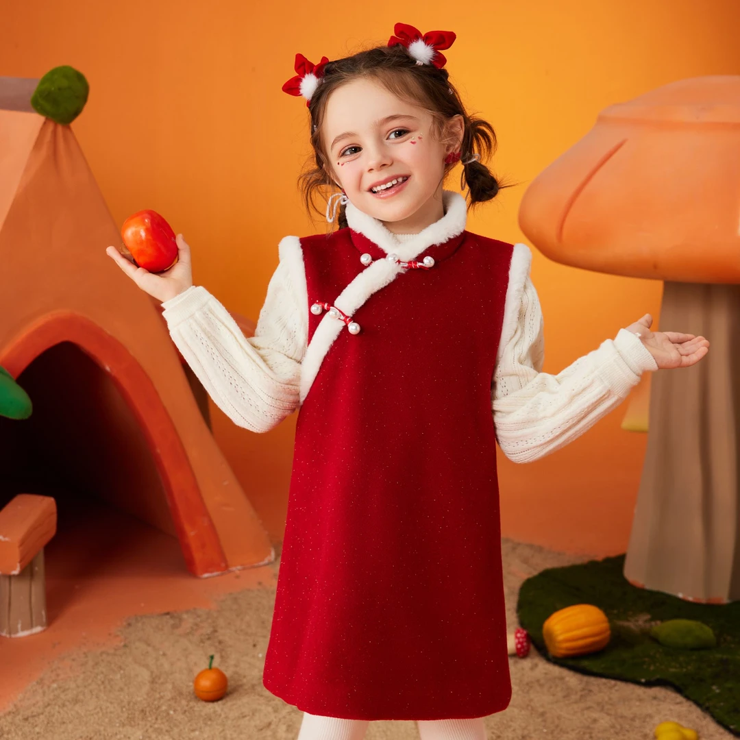 【萌娃冬装】ASK女童连衣裙冬保暖毛衣网纱连衣裙拜年服JQZZ14137F