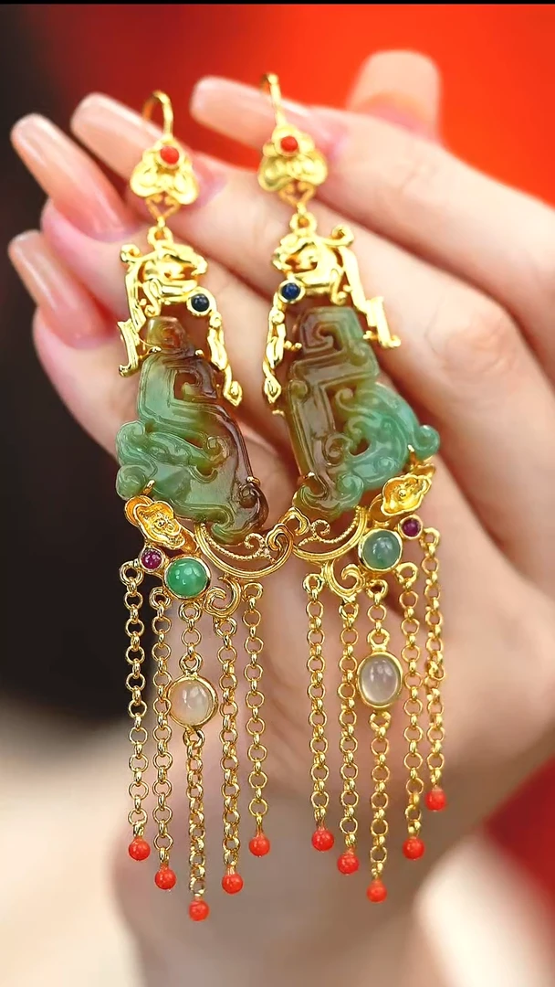 银S925镶嵌翡翠耳饰新款