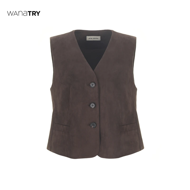 【小白精选】Wana Try深咖色仿麂皮质感柔软复古马甲