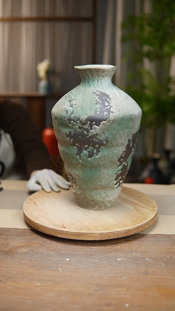 【闪购商品】陶瓷   花器诧寂复古绿高脚