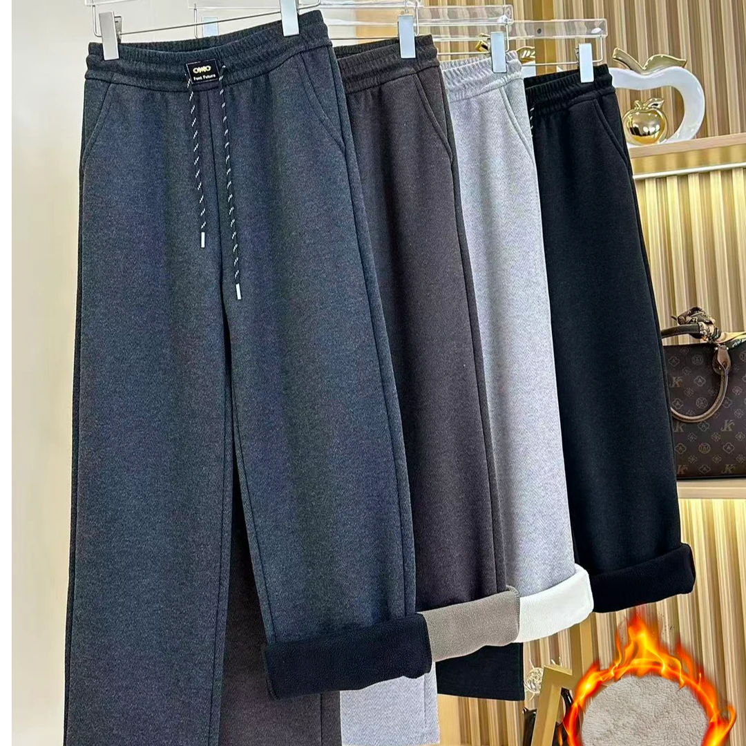 人字纹羊  绒毛呢高腰深裆窄版直筒裤加绒加厚女裤