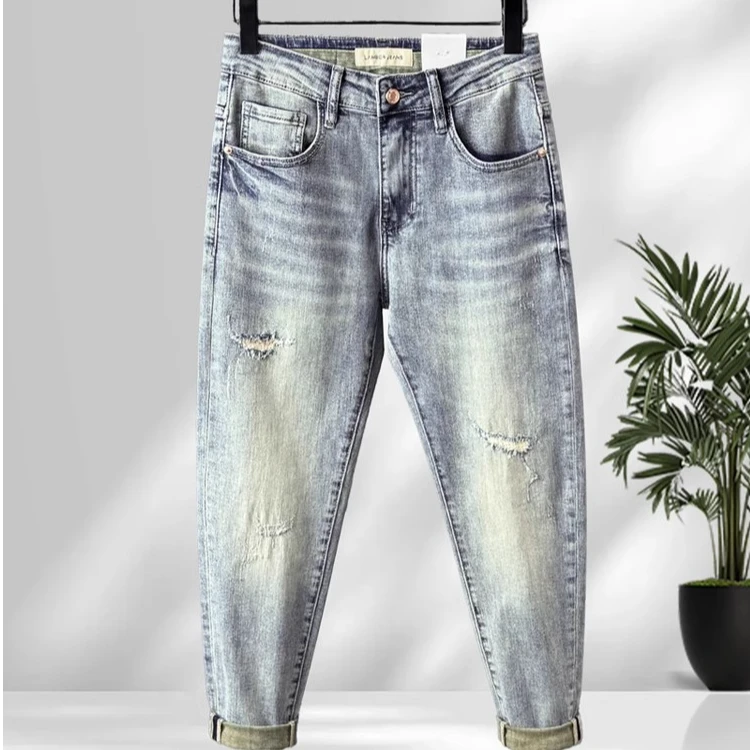 春夏薄款破洞牛仔裤男士修身小脚九分裤潮流弹力长裤直筒时尚休闲