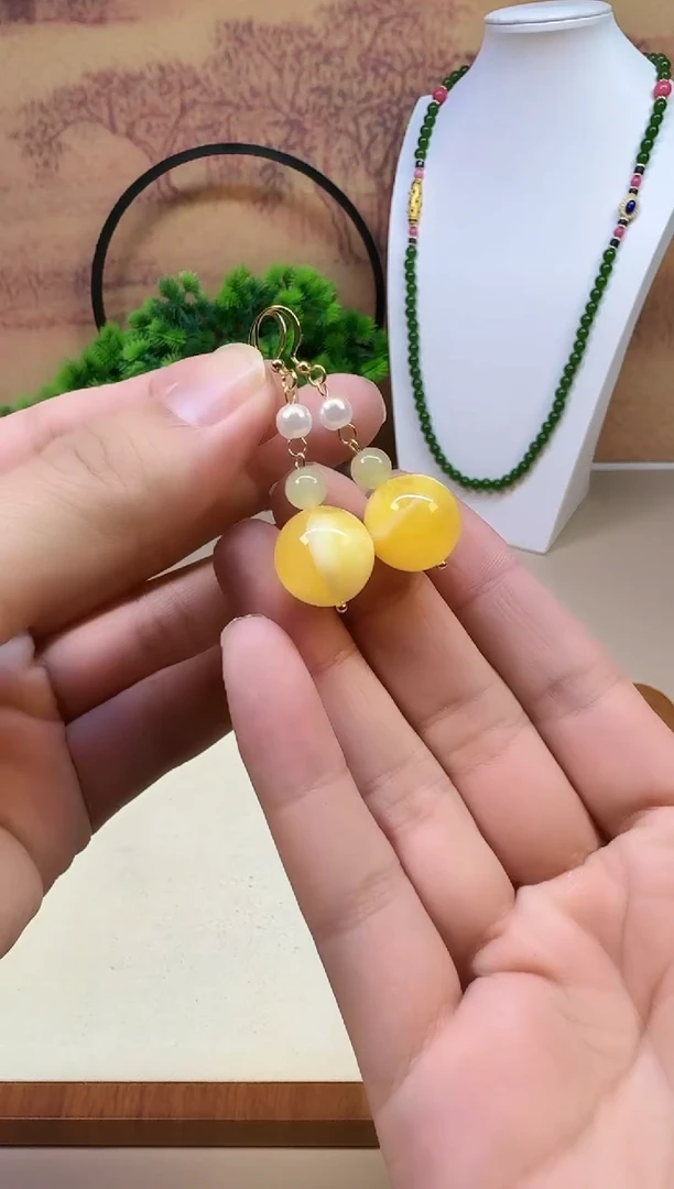 蜜蜡14K金镶嵌耳饰E153