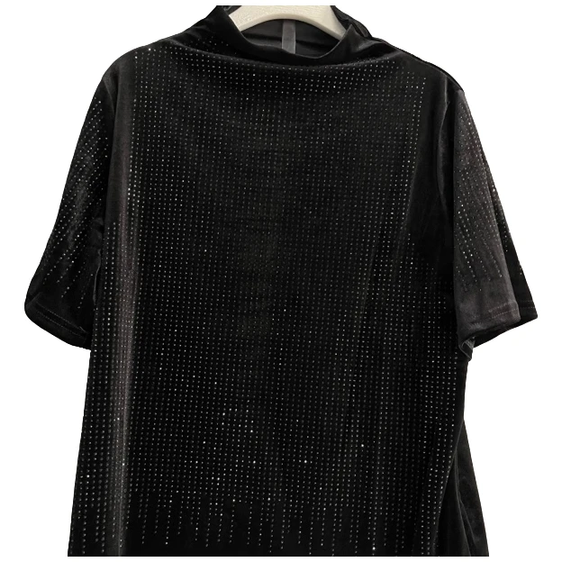 包袖V领休闲风常规款烫钻纯色T恤宽松黑色夏季设计师荡领少女风