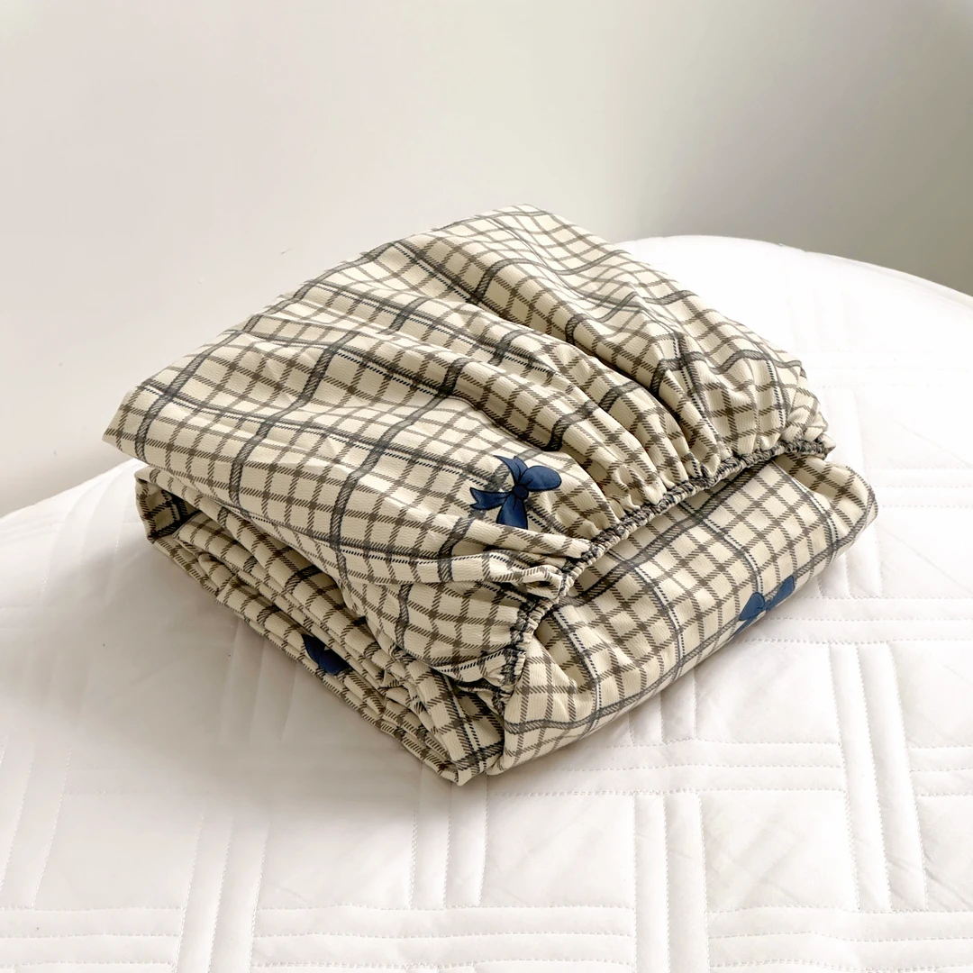 【京かわ会社】磨毛双层纱床笠   灰小格