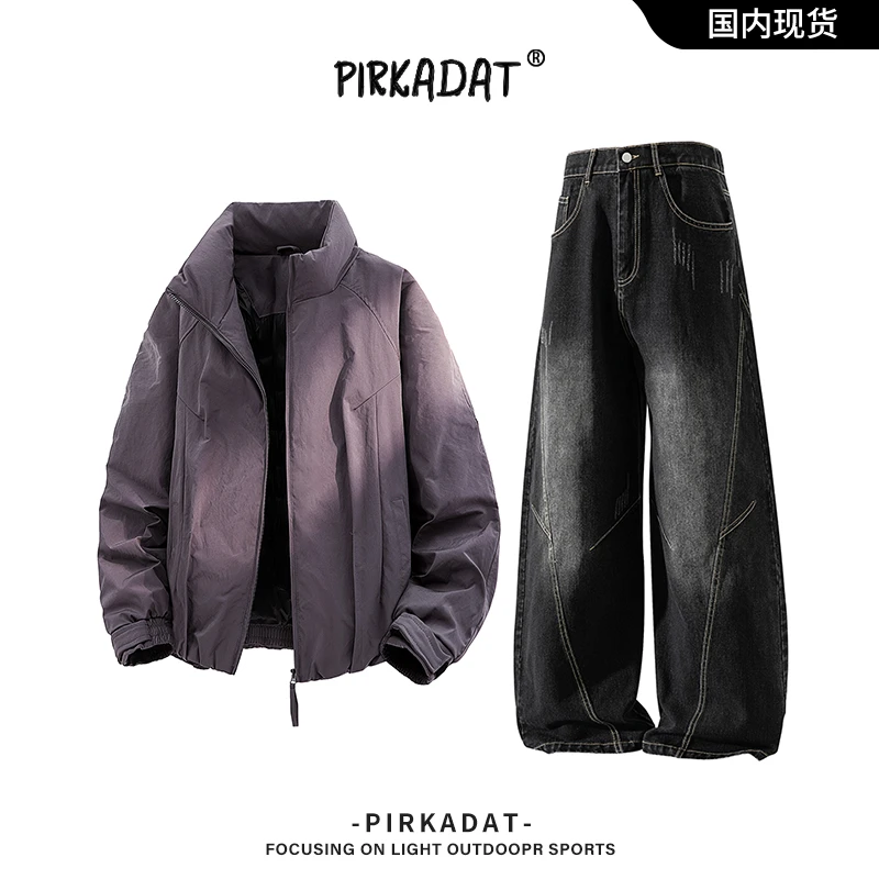 Pirkadat情侣休闲立领羽绒服男士2025冬季新款美式复古直筒牛仔裤