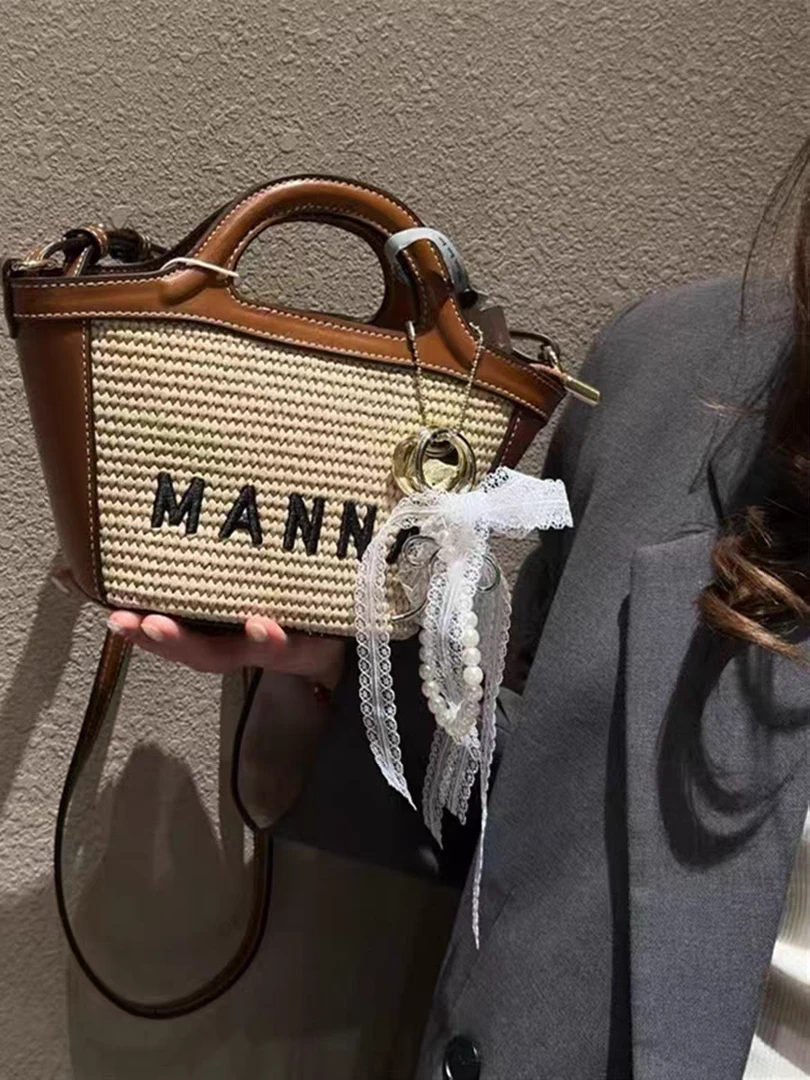 时尚百搭单肩斜挎包女休闲包洋气小包草编水桶包手提包潮菜篮子包