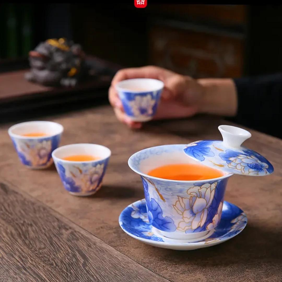 家用青花瓷陶瓷悬停盖碗三才可悬停旋转中式手工单个泡茶碗