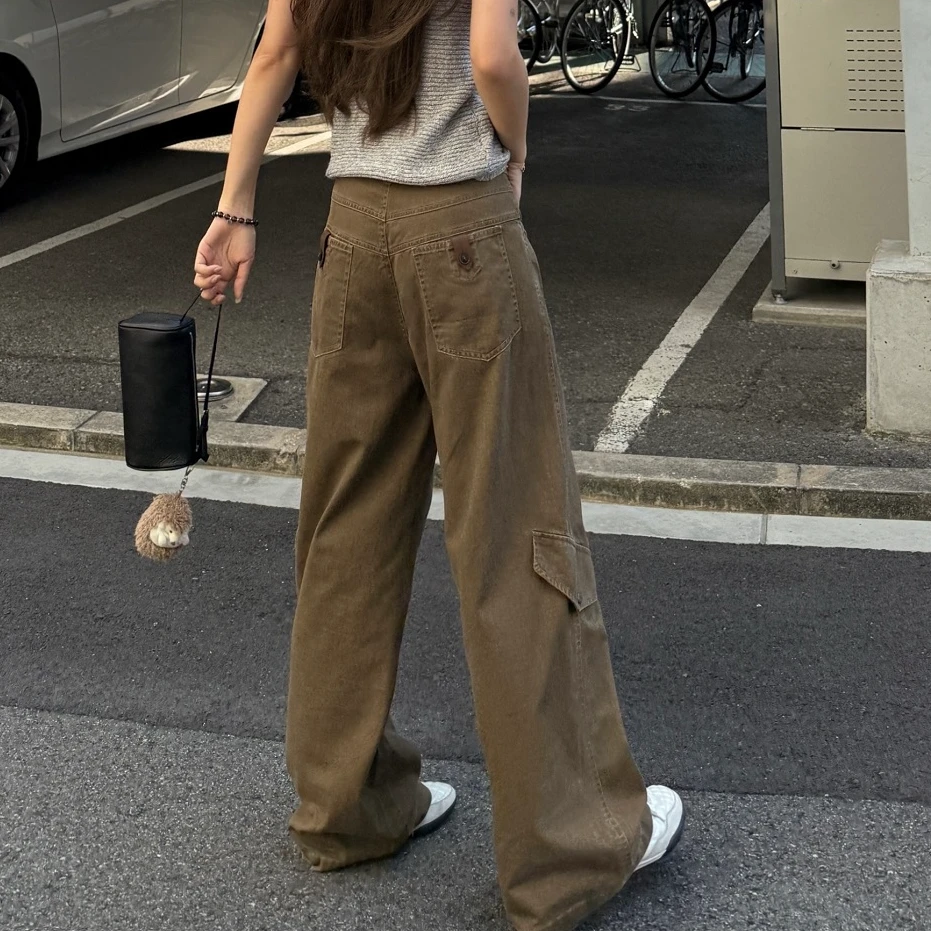 斜纹棉洗褪斜袋盖直筒休闲裤秋季新款重工多口袋工装裤拖地裤女