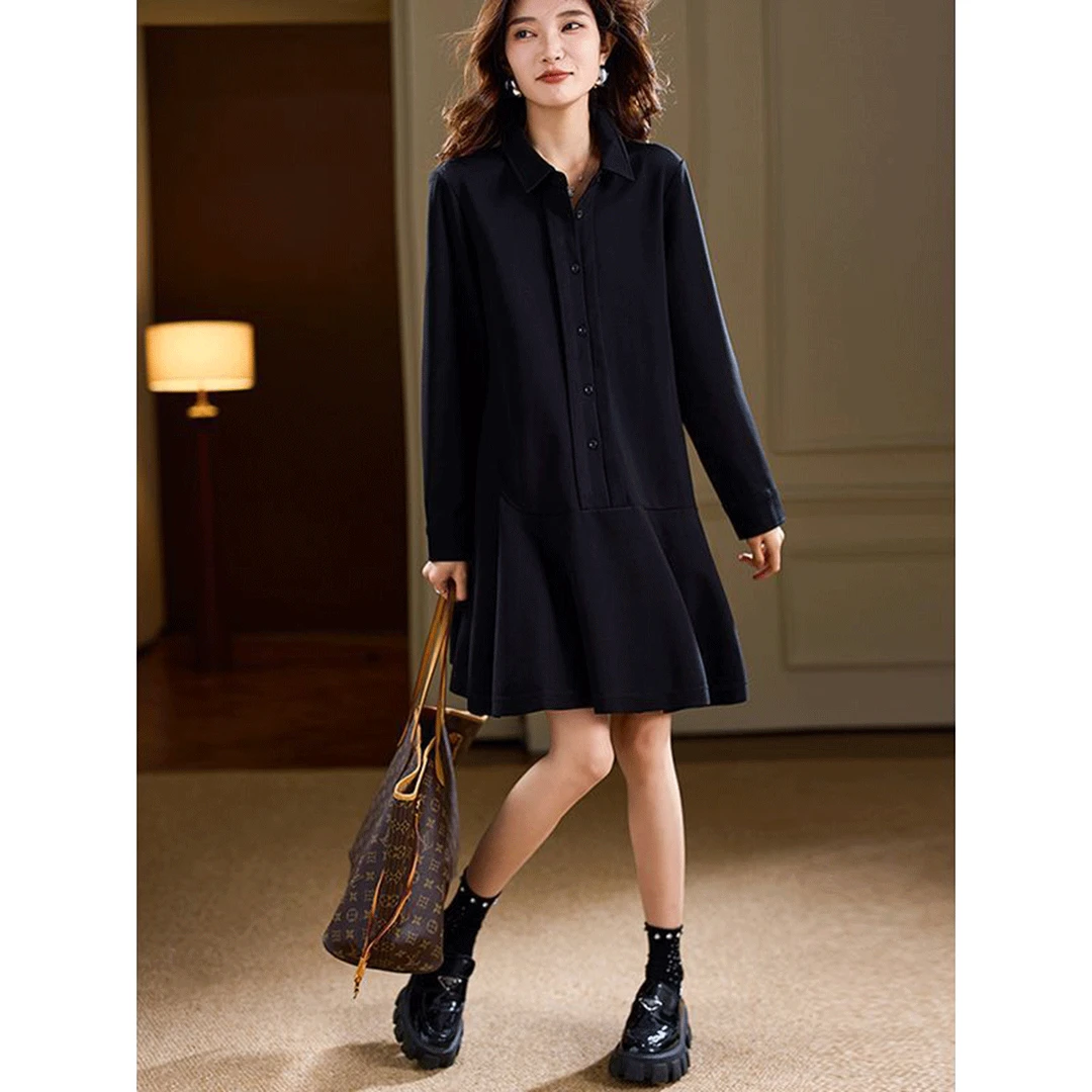 休闲翻领黑色连衣裙女秋季2024年新款欧货裙子时尚衬衫裙