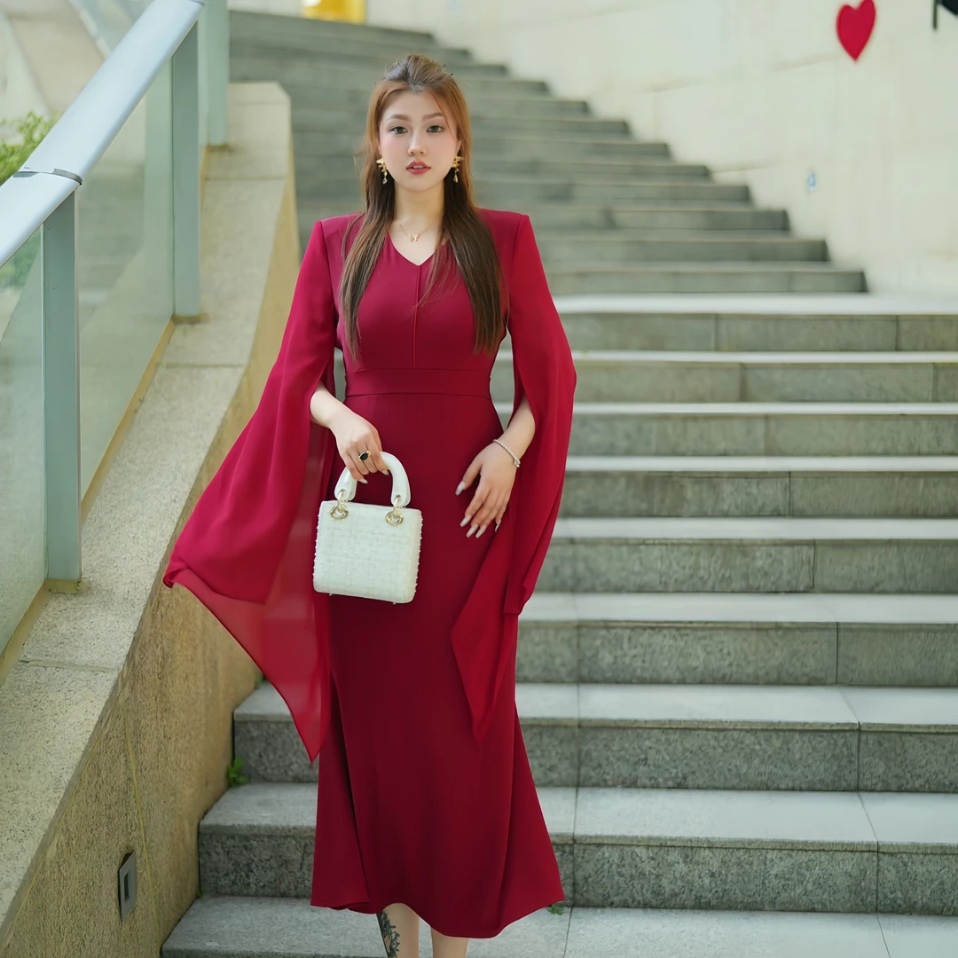 XYD71512气质秀款飞飞袖纯色西装高级感遮肚子大码女装拼接连衣裙