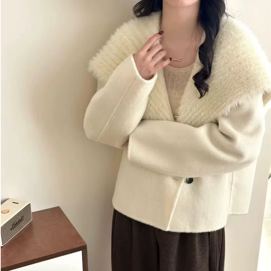 2024秋冬双面羊绒大衣小个子针织拼接韩版款大翻领短款外套女