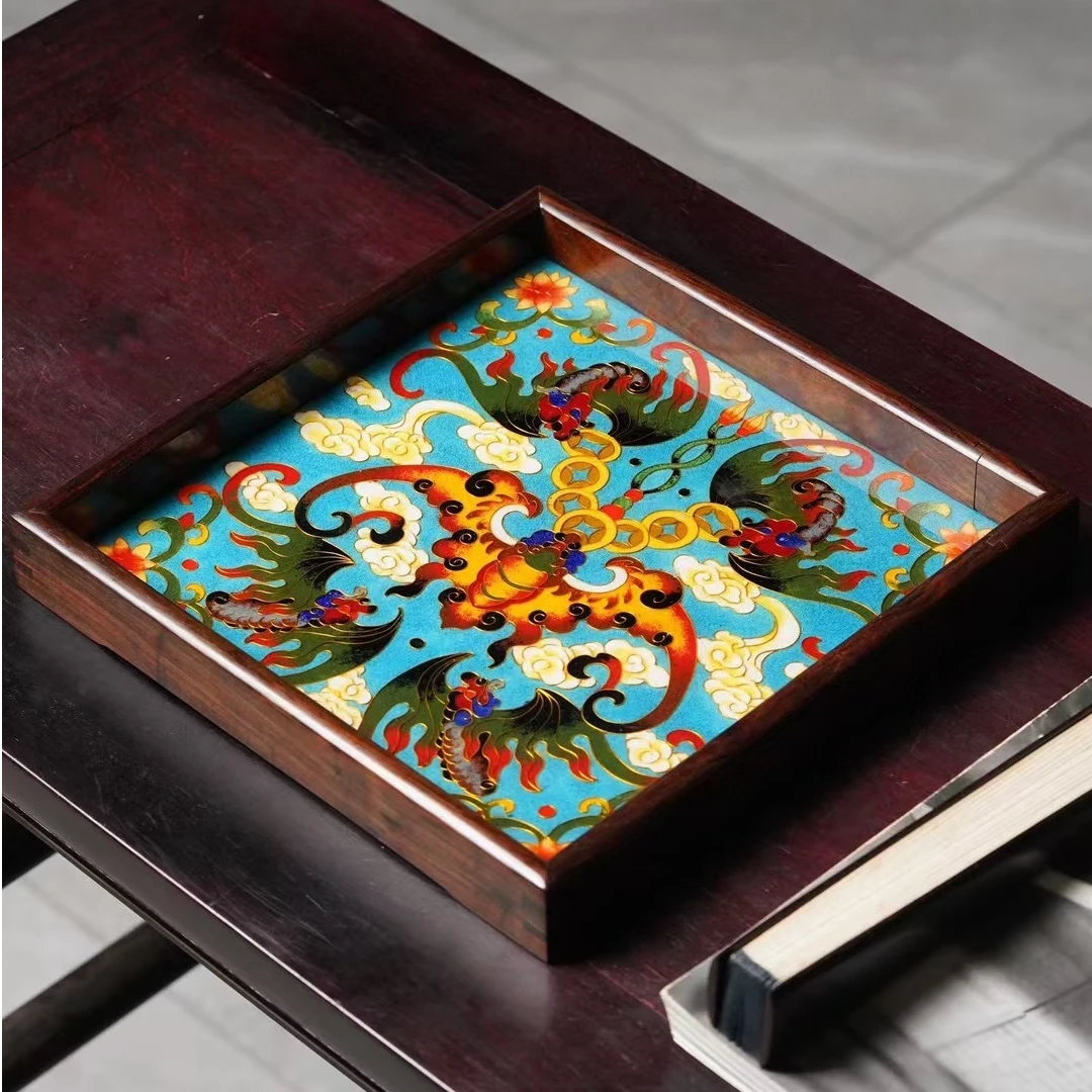 大红酸枝 镶嵌景泰蓝五福承盘开口茶盘