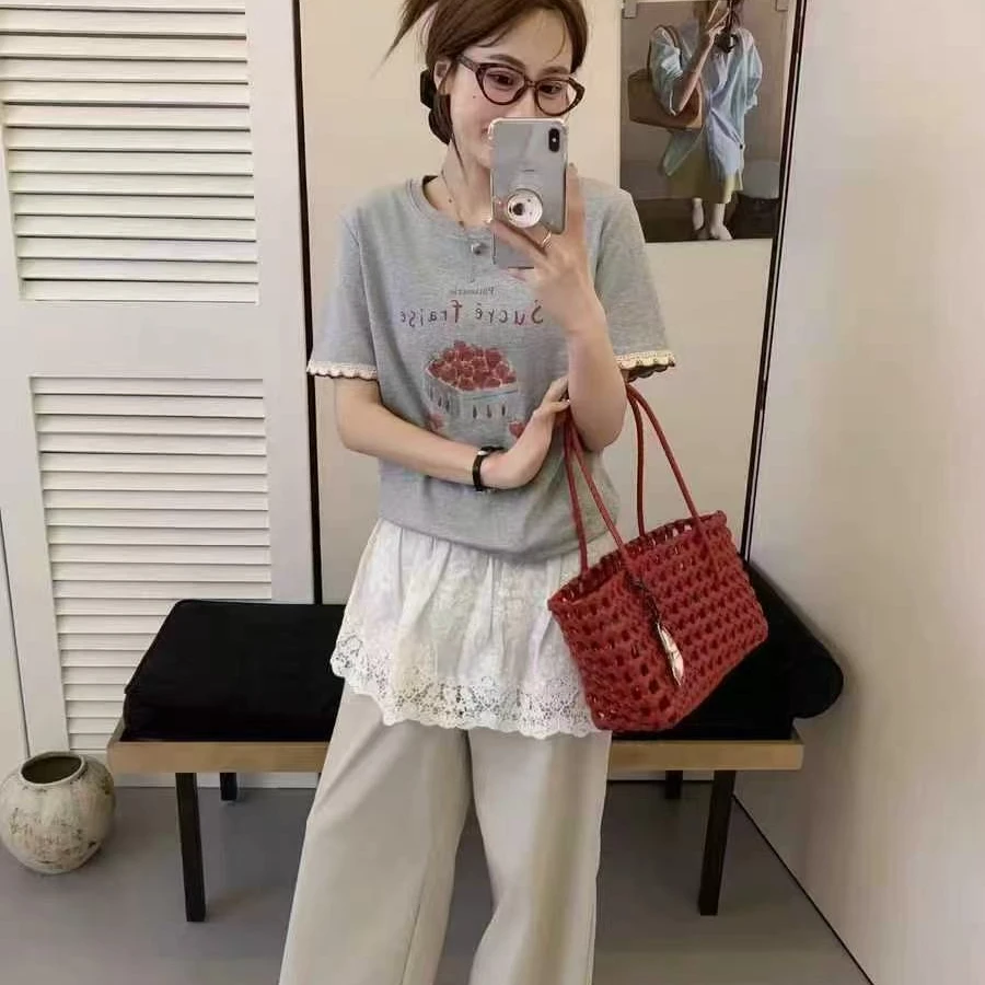 【锦衣服饰】XM 7992韩版休闲草莓印花圆领短袖T