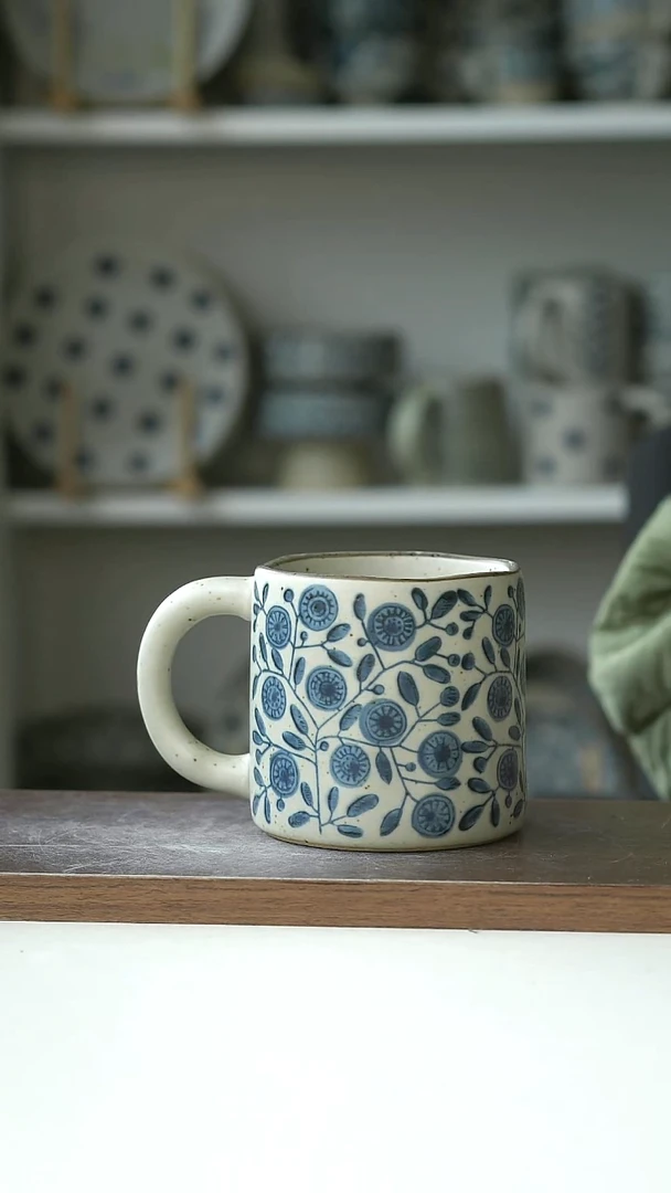 陶粗陶手绘悠然花马克杯420ml@4-2@