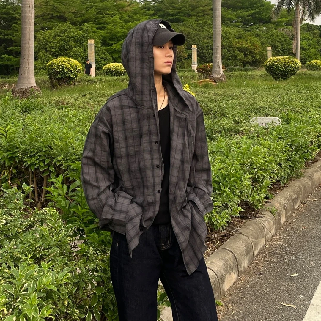 连帽格子长袖衬衫男女潮牌宽松衬衣防晒外套美式复古休闲