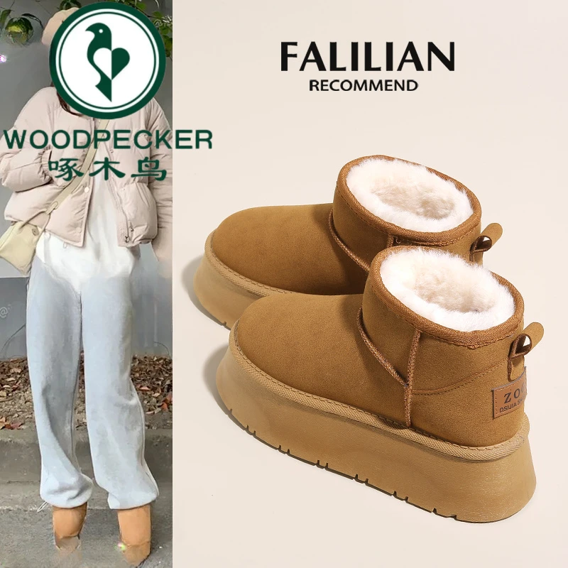 啄木鸟桑坡真皮雪地靴女2025新款冬季加绒厚底短筒保暖东北棉鞋女