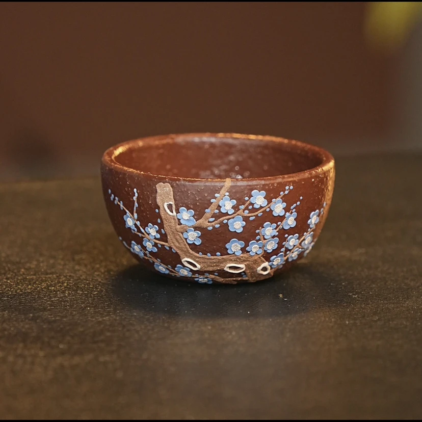 宜兴紫砂茶具 紫玉金砂泥料堆绘梅花主人杯品茗杯