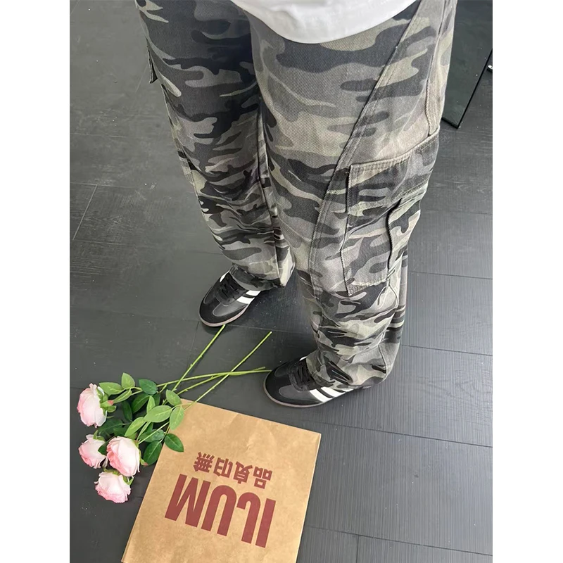 美式复古迷彩牛仔裤男款秋季高级感工装伐木裤子宽松百搭直筒长裤