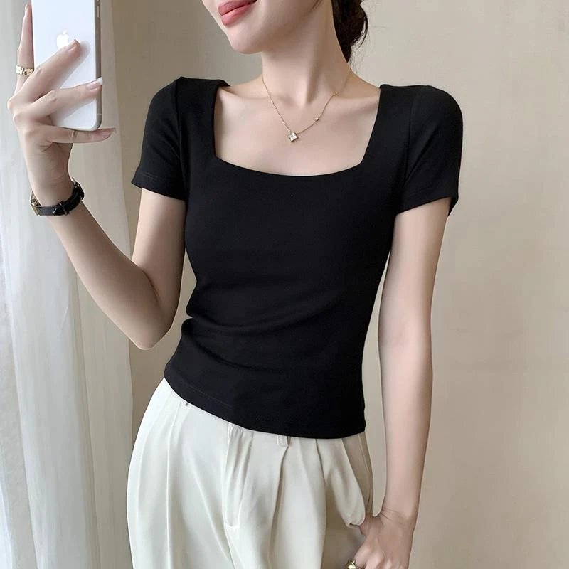 纯欲方领修身显瘦短袖T恤女夏季显瘦打底韩版甜辣紧身上衣女ins潮