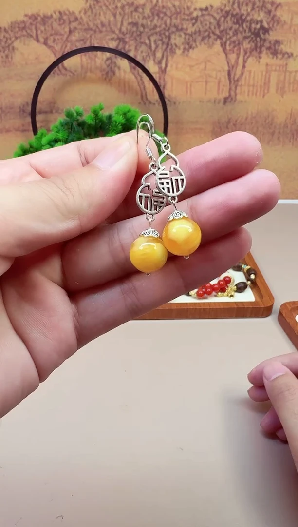 银S925镶嵌蜜蜡耳饰E57