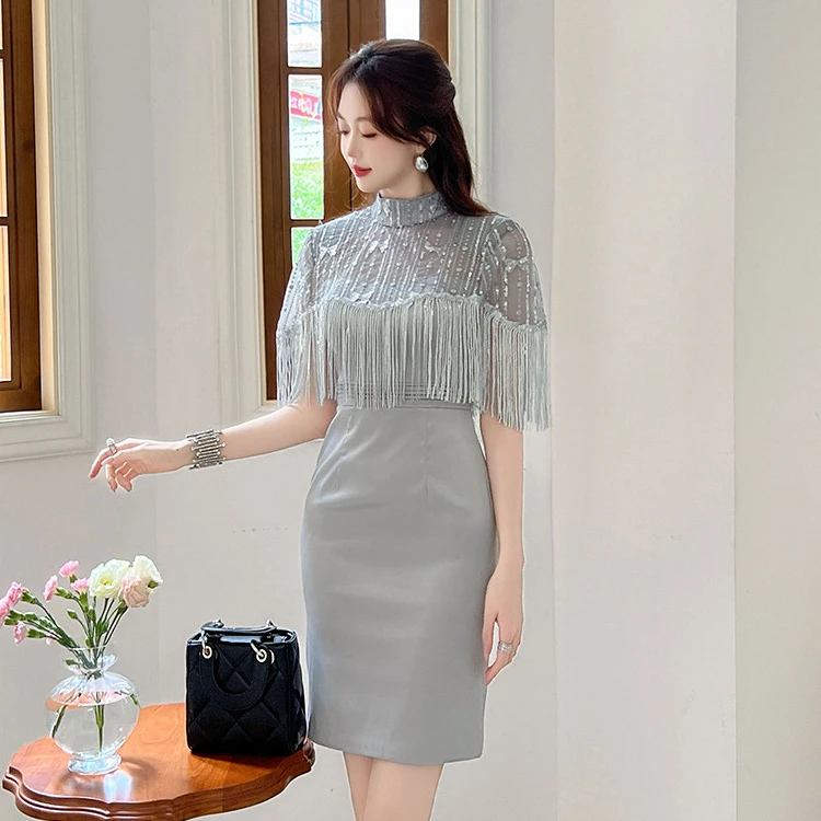 2025夏季新款女装名媛设计感生日礼服裙流苏短袖包臀连衣裙21104