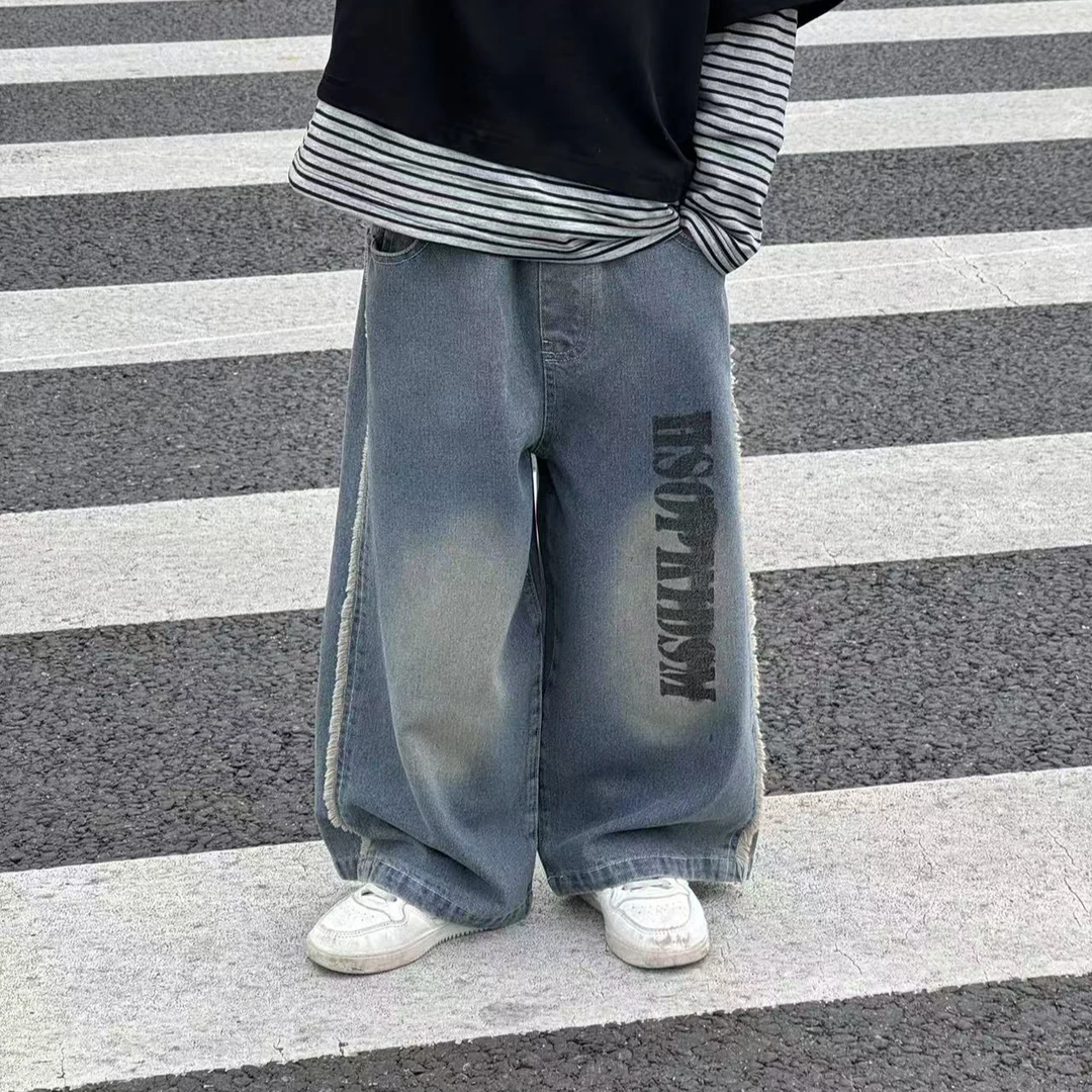 25新款儿童春秋夏款直筒印花牛仔美式宽松百搭复古潮流韩版86005