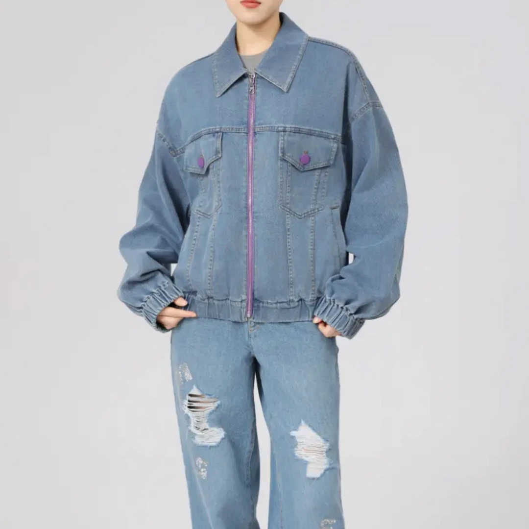 阿玛施AMASS新款时尚质感休闲百搭拉链撞色宽松牛仔外套女540010