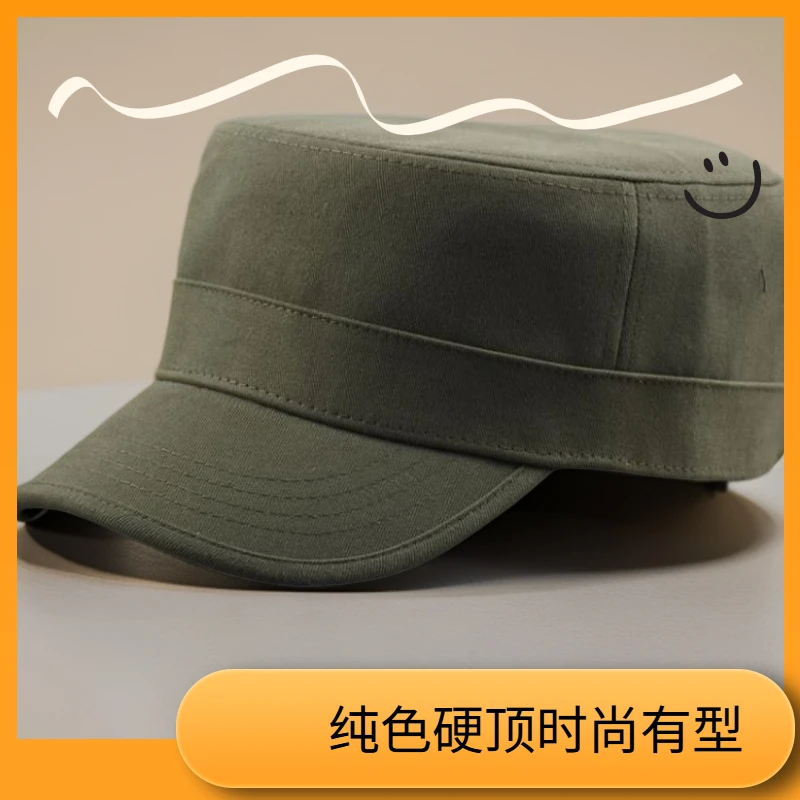 四季棉布硬顶大头围平顶帽纯色军帽大号码帽欧美风立挺有型鸭舌帽
