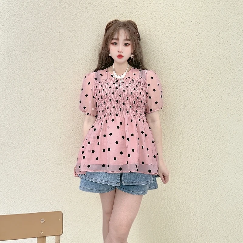 2025波点法式甜美新款宽松娃娃大码上衣灯笼圆领蓬蓬衬衫遮肉