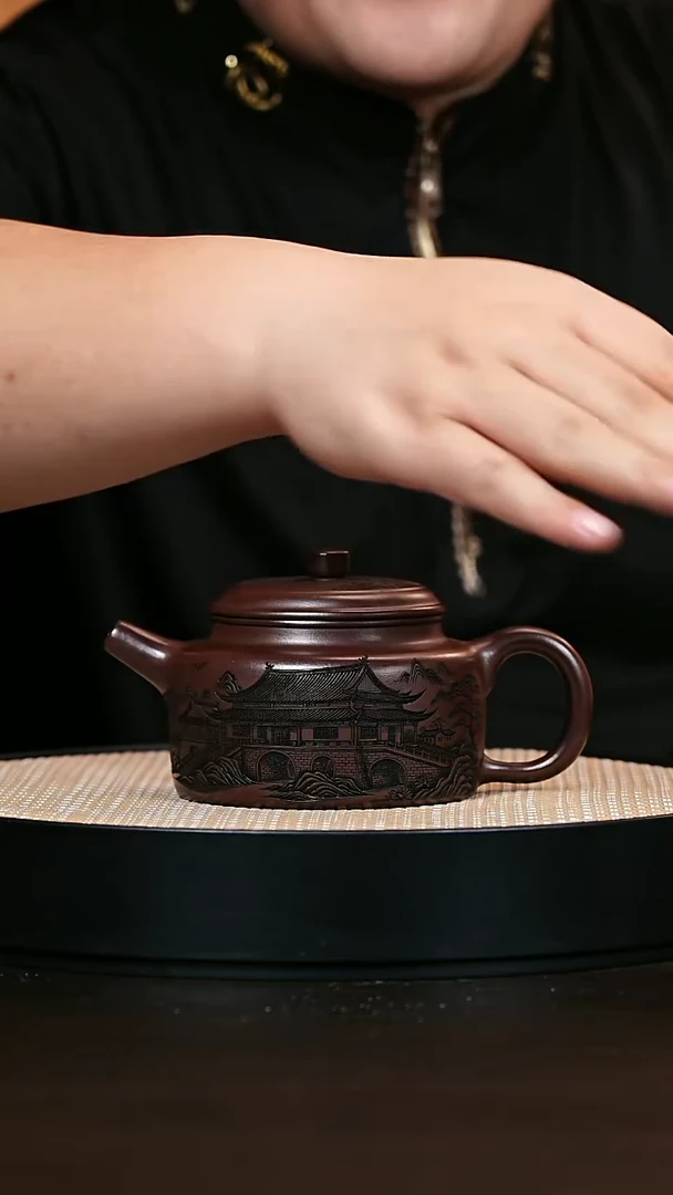 茶壶紫砂德钟 石红 刻水韵江南  320cc