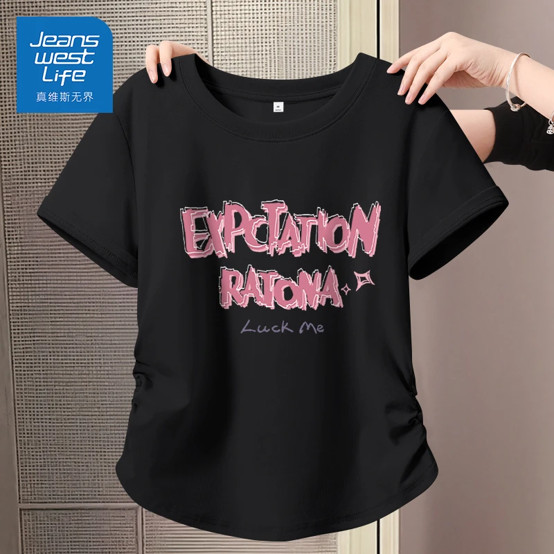 真维斯无界夏季黑色抽褶正肩紧身短款显瘦内搭甜辣风美式印花女款