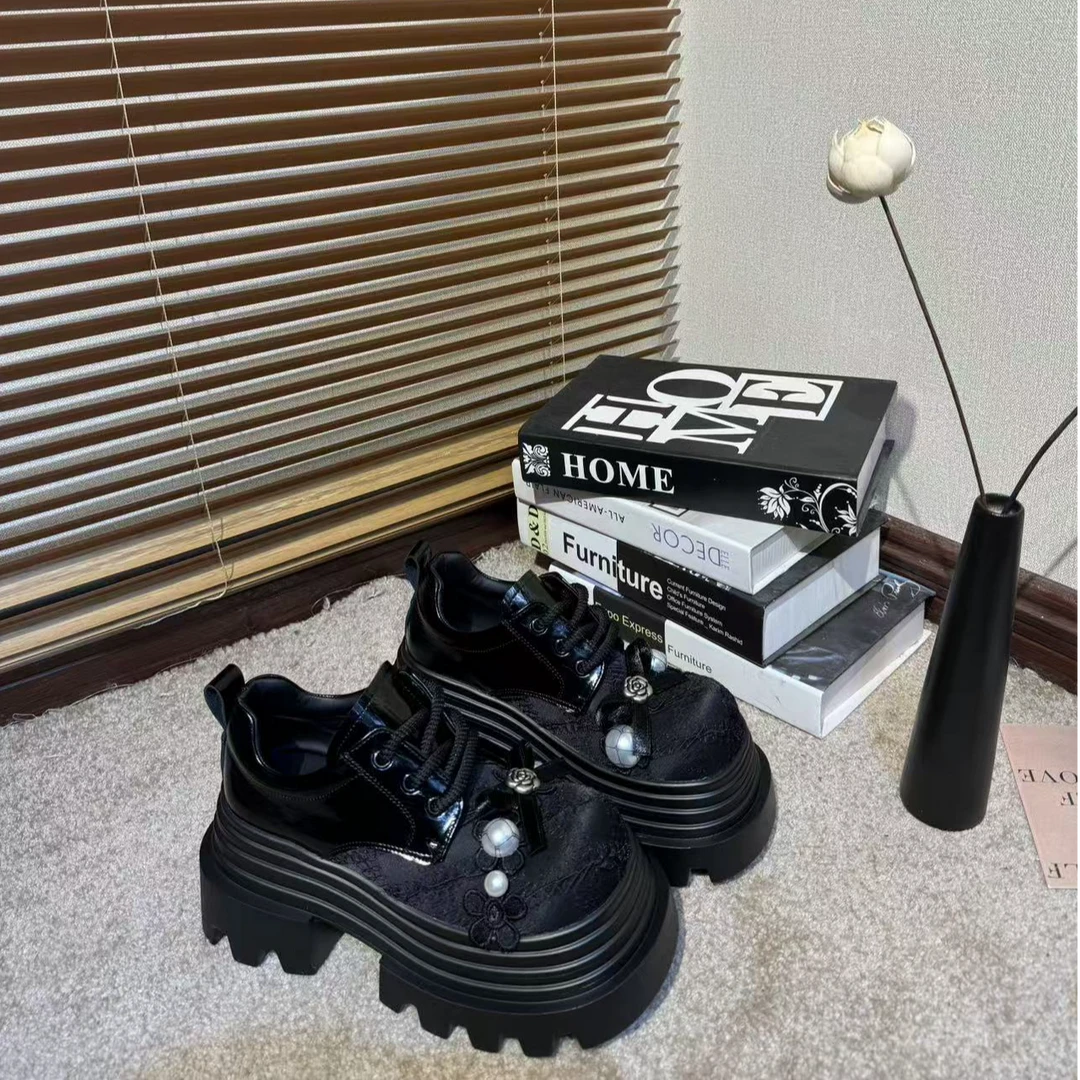 唐小肉潮搭厚底乐福鞋刺绣山茶花增高单鞋蝴蝶玛丽珍拉丝752-12