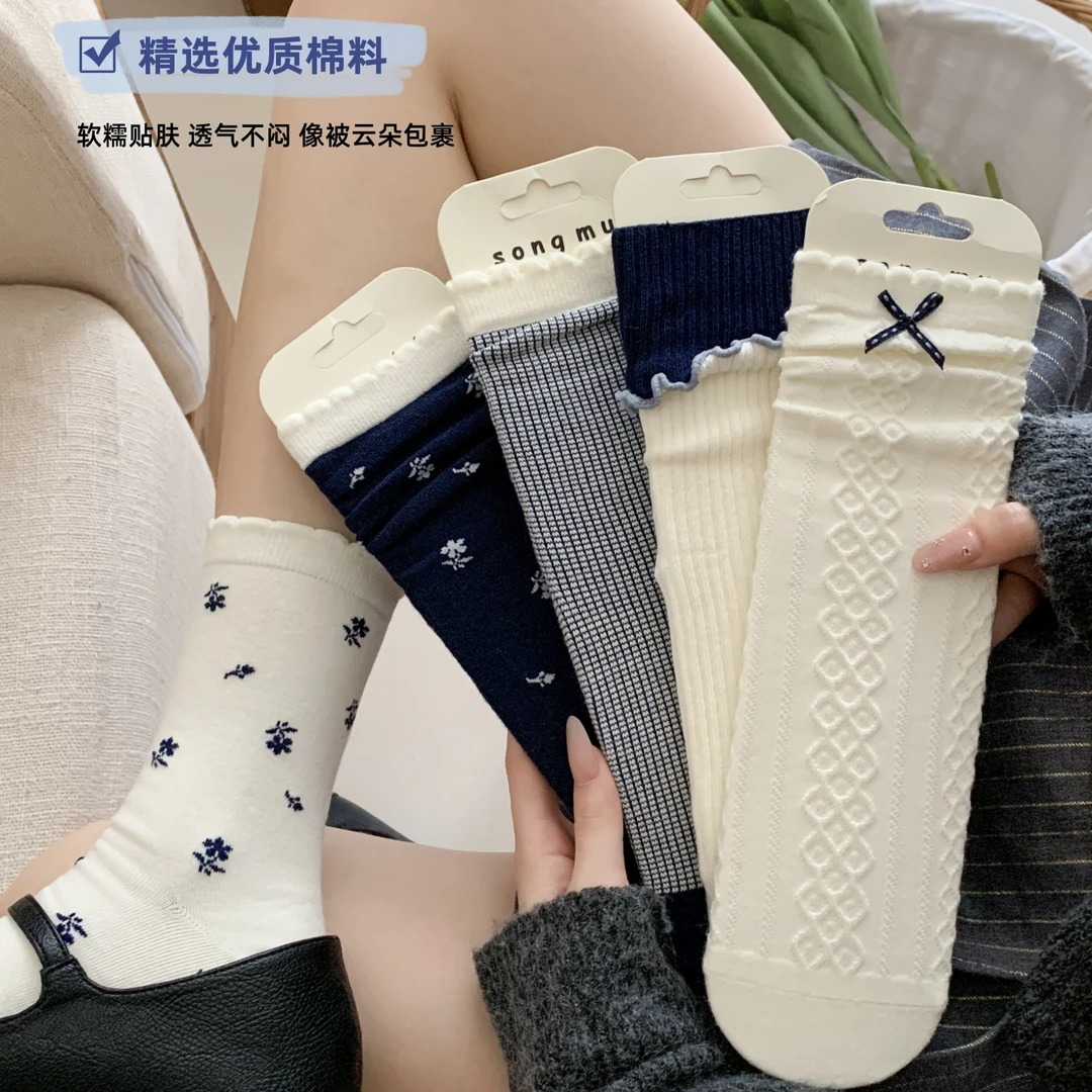 芭蕾风袜子女中筒袜春秋季款棉袜miu系韩国日系少女小皮鞋长筒袜