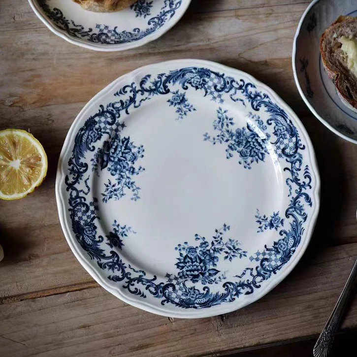 【RE家】20*2CM 青花蓝泽藤玫瑰 花边甜品盘 陶瓷赏盘 复古宫廷风