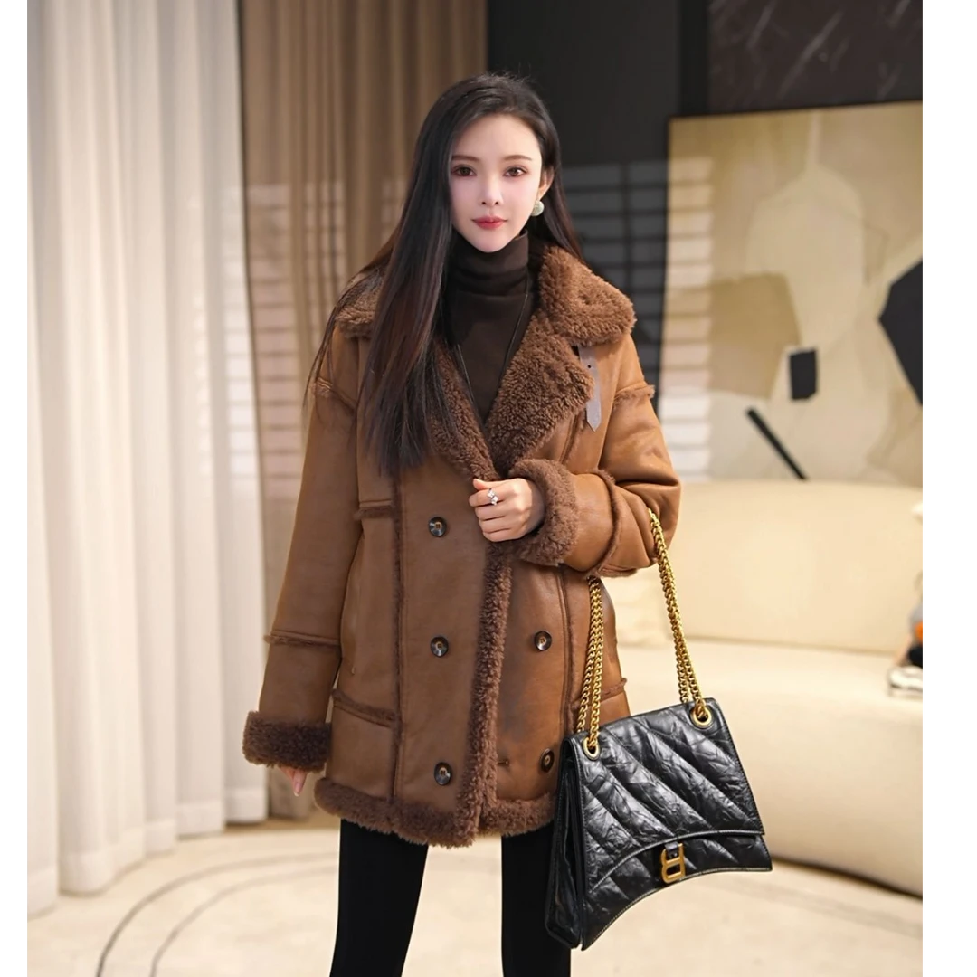 海宁新款时尚冬季设计师中长款外套保暖气质翻领休闲