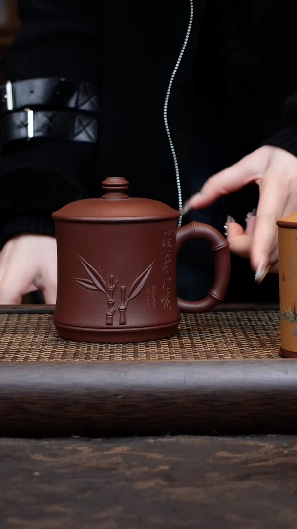【闪购商品】紫砂茶杯底槽清贴竹叶