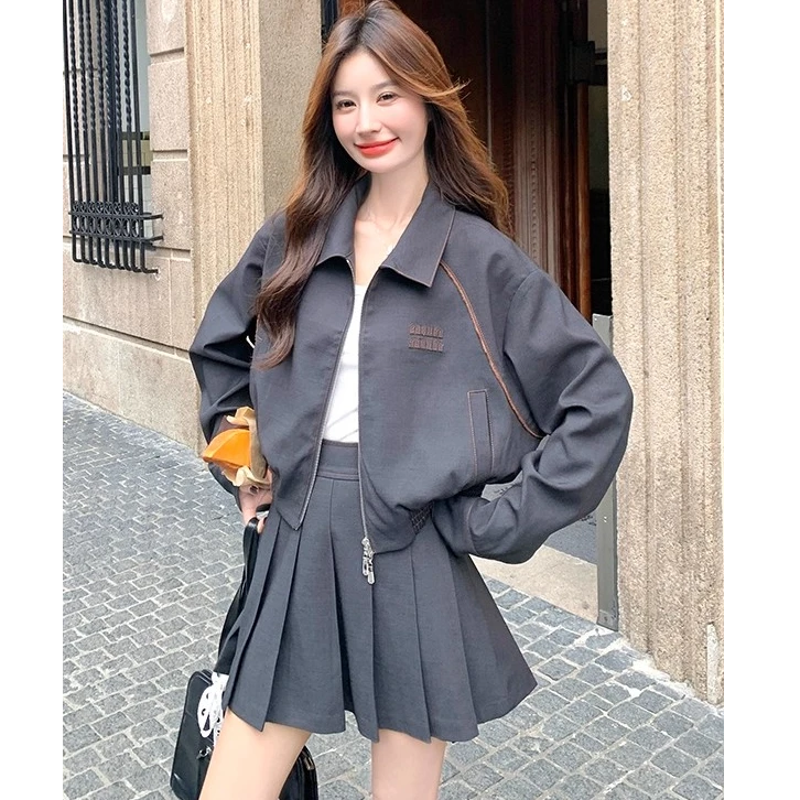 Y1558#减龄休闲套装女秋季2025新款小个子短款夹克外套百褶裙套装