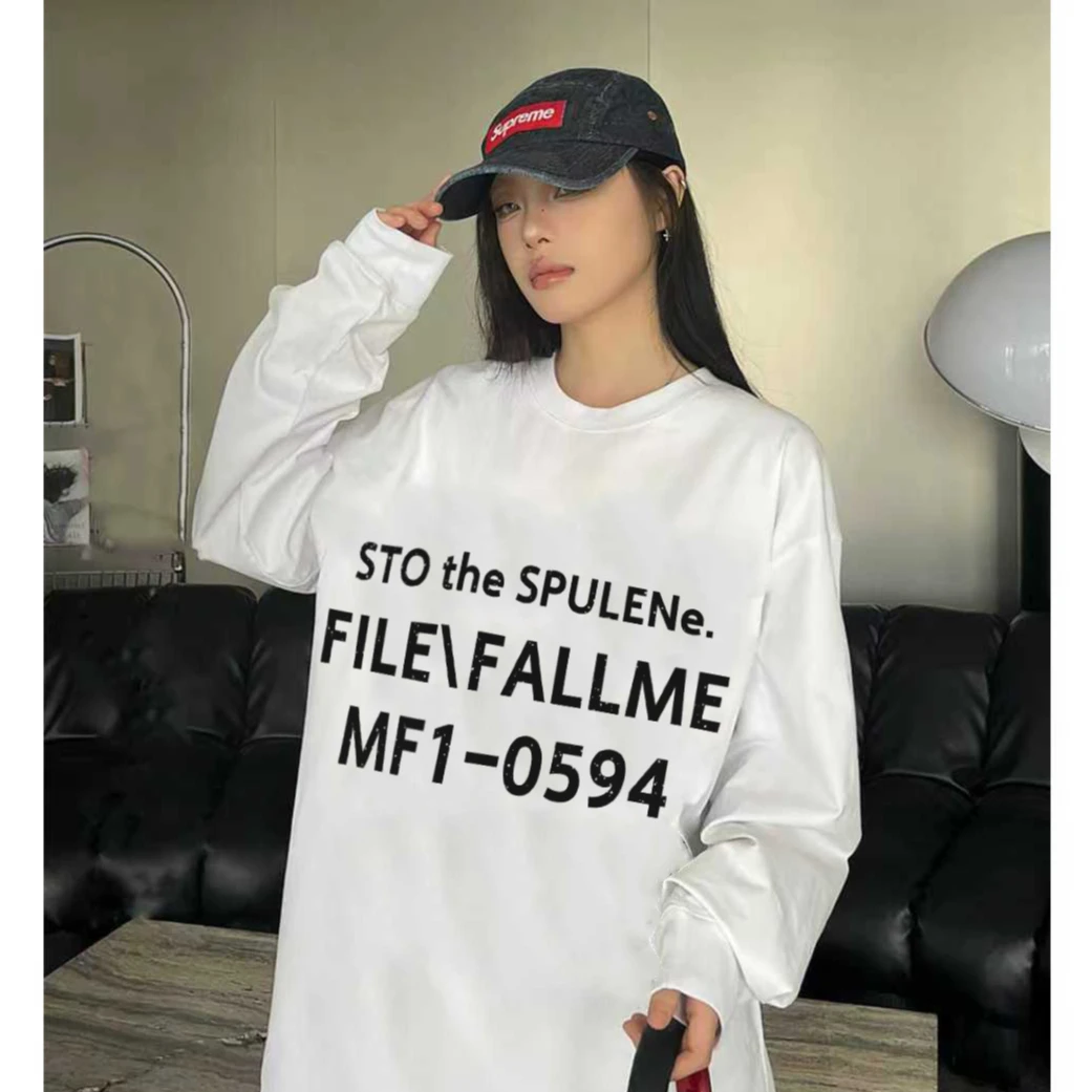 美式2-300斤大码女装圆领复古氛围感长袖t恤辣妹风时尚百搭款上衣