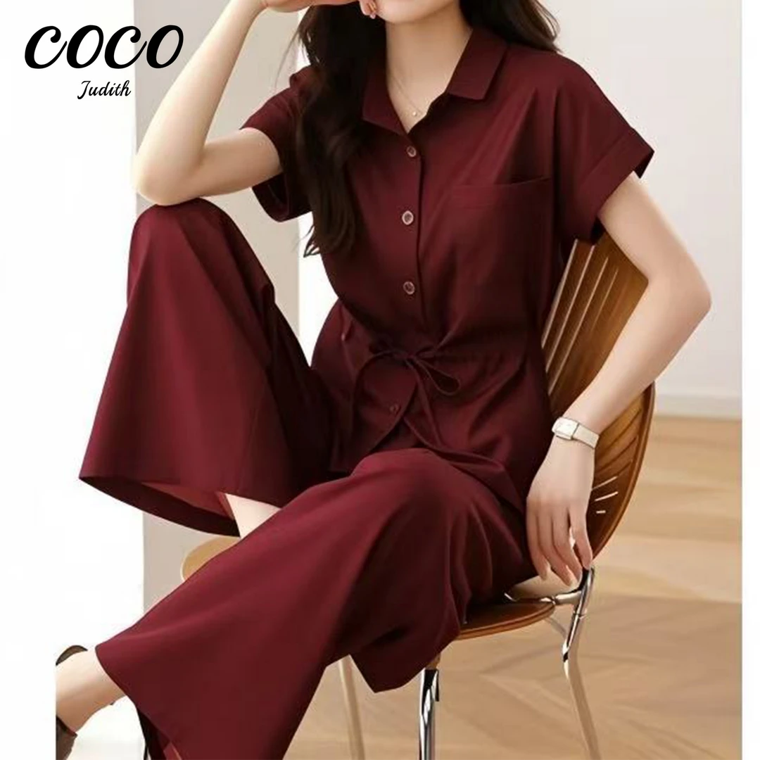 【RG7087】莱赛尔天丝套装女夏气质高级感减龄收腰衬衫阔腿裤两件套