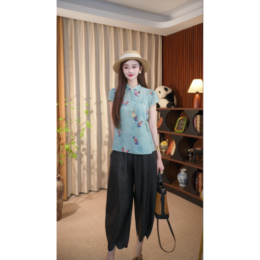 【蓝阙】2025新款中国风新中式夏季短袖轻薄小糖人上衣LY-G8355